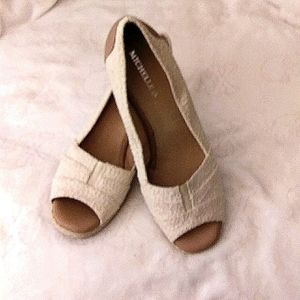 Michelle D Beige Cotton/Tan Peep Toe Espadrilles